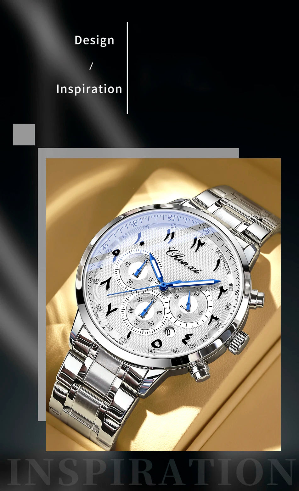 CHENXI Arabic Numeral Multifunction Men's Quartz Watch Real Three-Eye Six-Needle Calendar Chronograph Stainless Steel Male watch