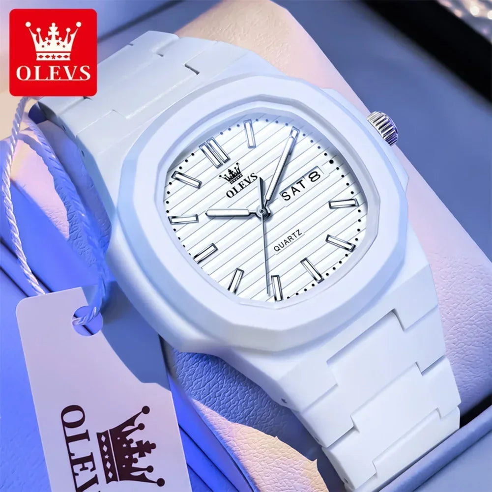 OLEVS Fashion Youth Watch Waterproof Date Week Luminous Watch for Unisex White Resin Men's Quartz Watches Student reloj hombre