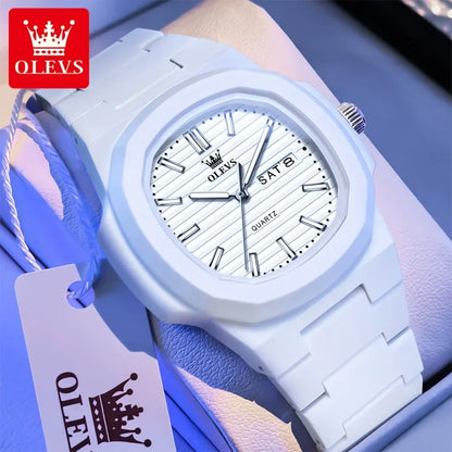 OLEVS Fashion Youth Watch Waterproof Date Week Luminous Watch for Unisex White Resin Men's Quartz Watches Student reloj hombre