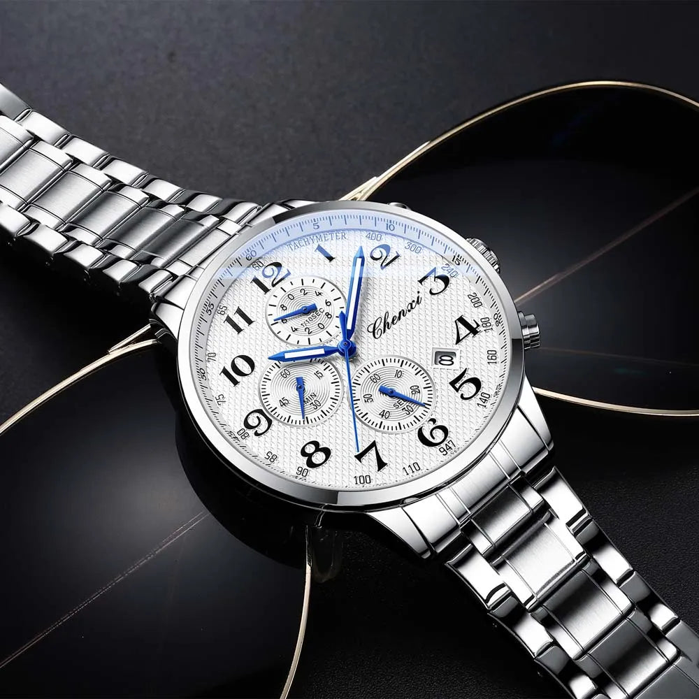 CHENXI Arabic Numeral Multifunction Men's Quartz Watch Real Three-Eye Six-Needle Calendar Chronograph Stainless Steel Male watch