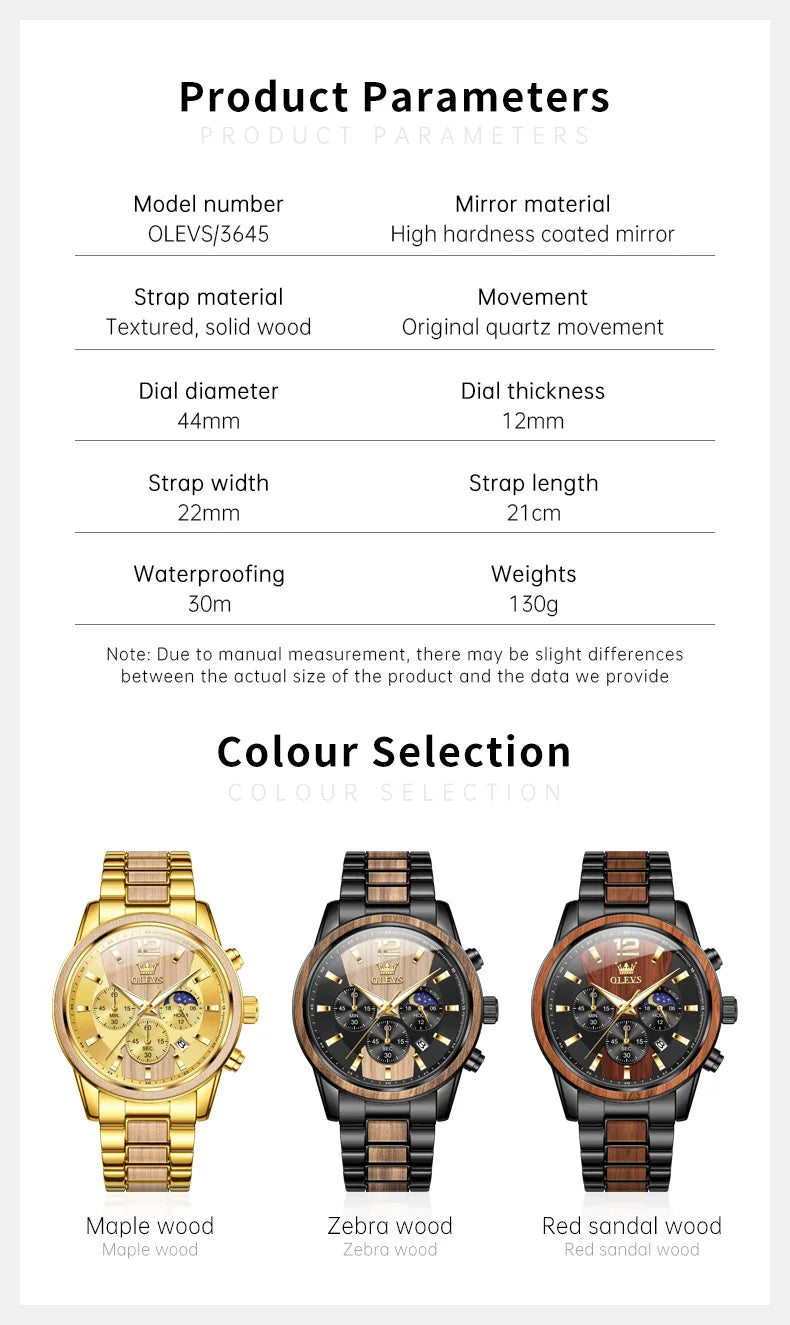 OLEVS Men's Watches Luxury Original Wooden Quartz Wristwatch Waterproof Luminous Date Watch for Man Reloj Hombre